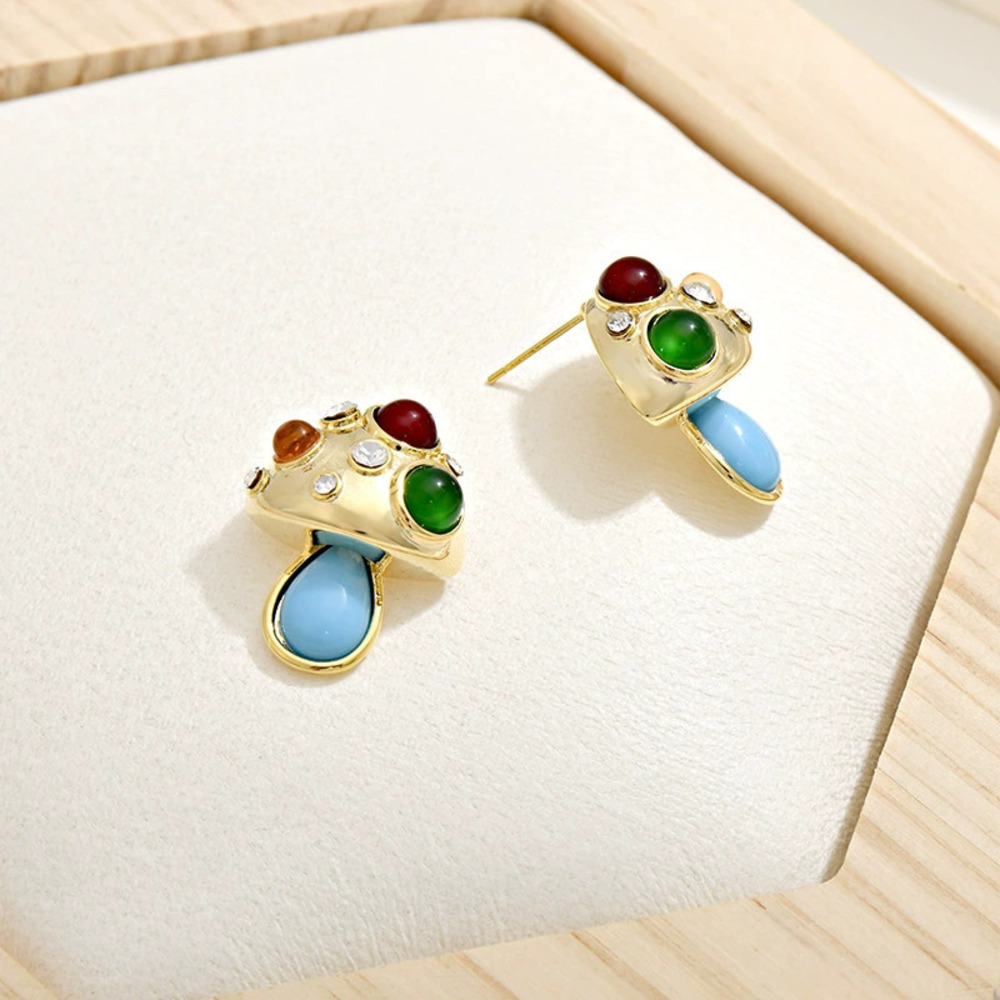 Vintage Glass Mini Mushroom Silver Stud Earrings
